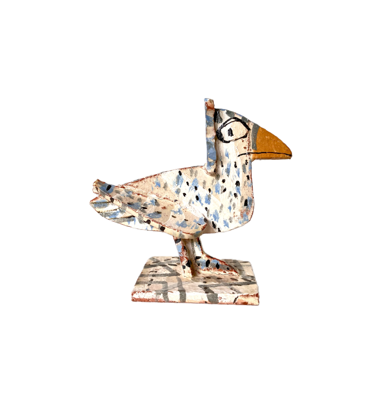 Bird with orange beak and flecked breast Hand built terracotta with coloured slips