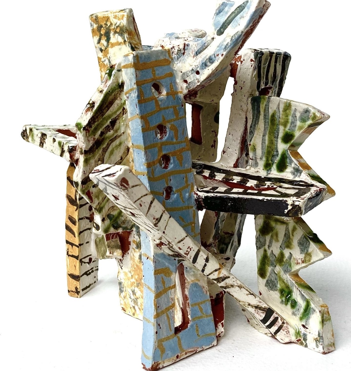 Construction Earthenware abstract sculpture decorated with coloured slips